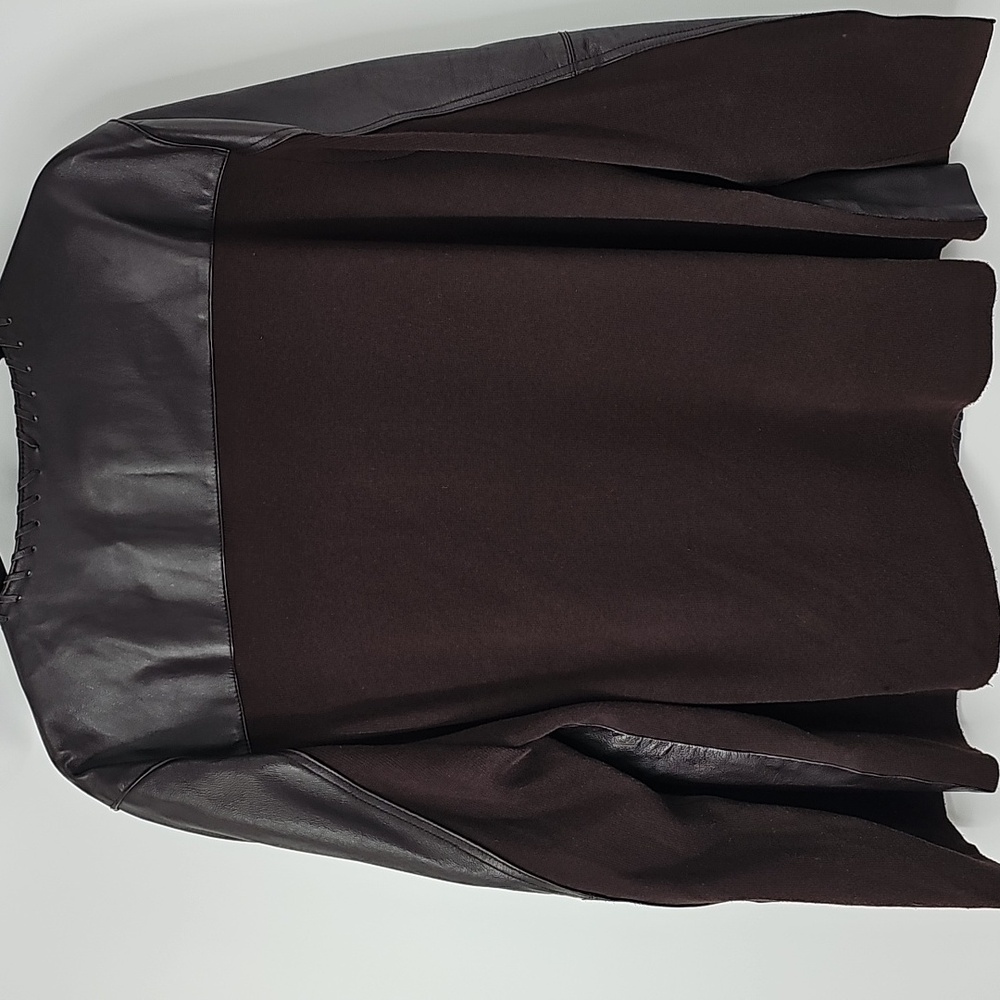 Rich Brown Front Leather Back Sweater Jacket wStitch Design Cozy Office Polished - Picture 10 of 12